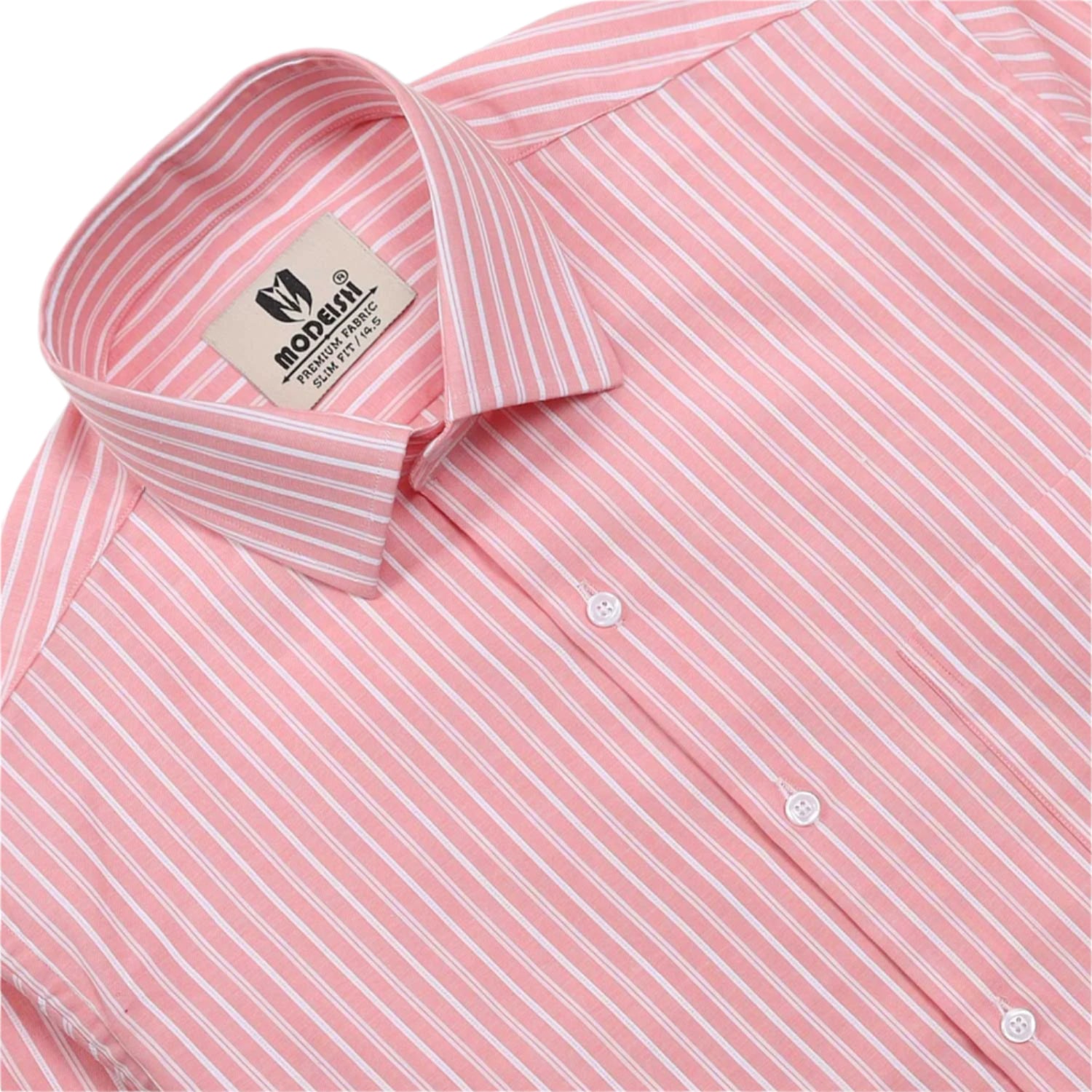 Modeish mens striped formal shirt in pink with white vertical stripes and button-down front