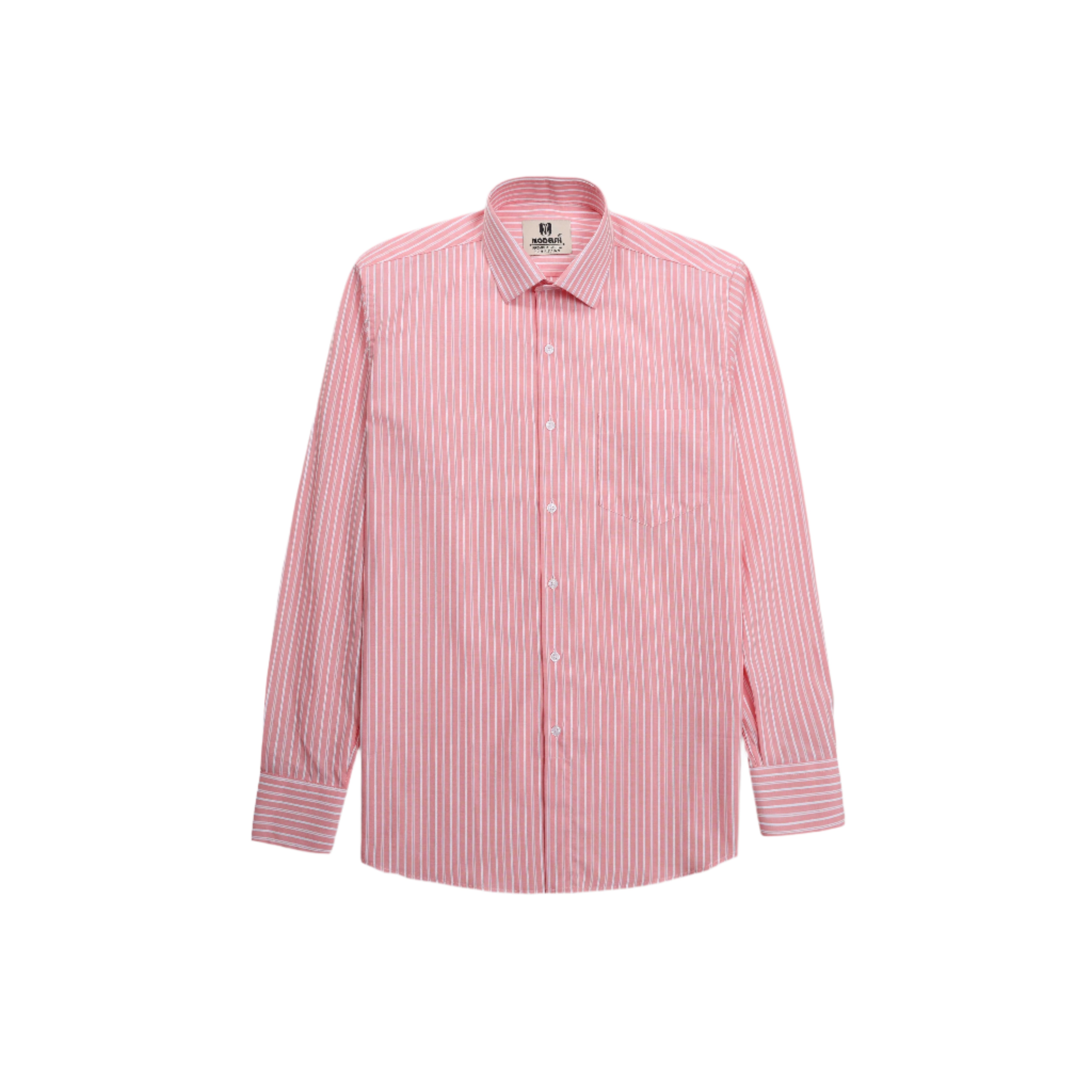 Modeish mens striped formal shirt in pink and white with long sleeves and button-down collar