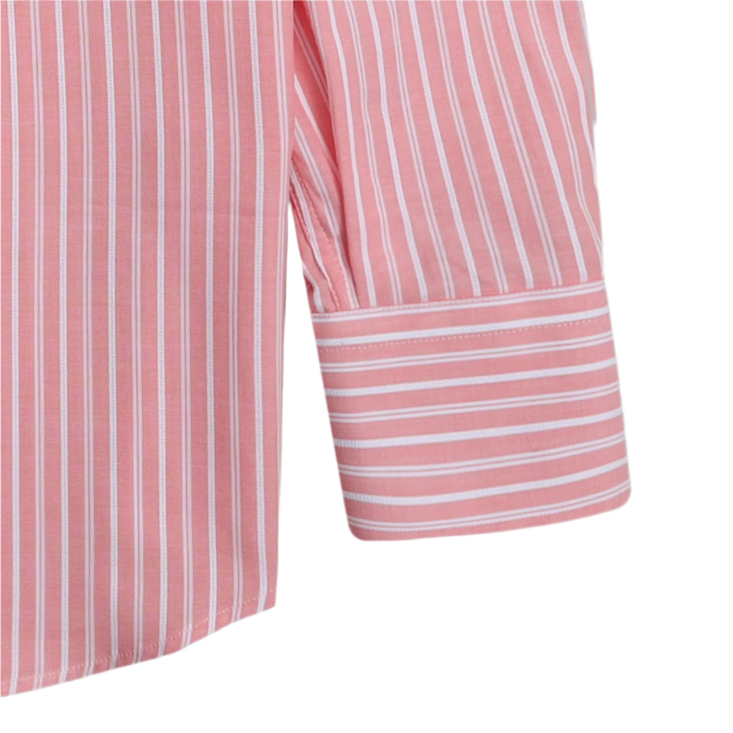 Close-up of mens striped formal shirt pink with white vertical and horizontal stripes on cuff