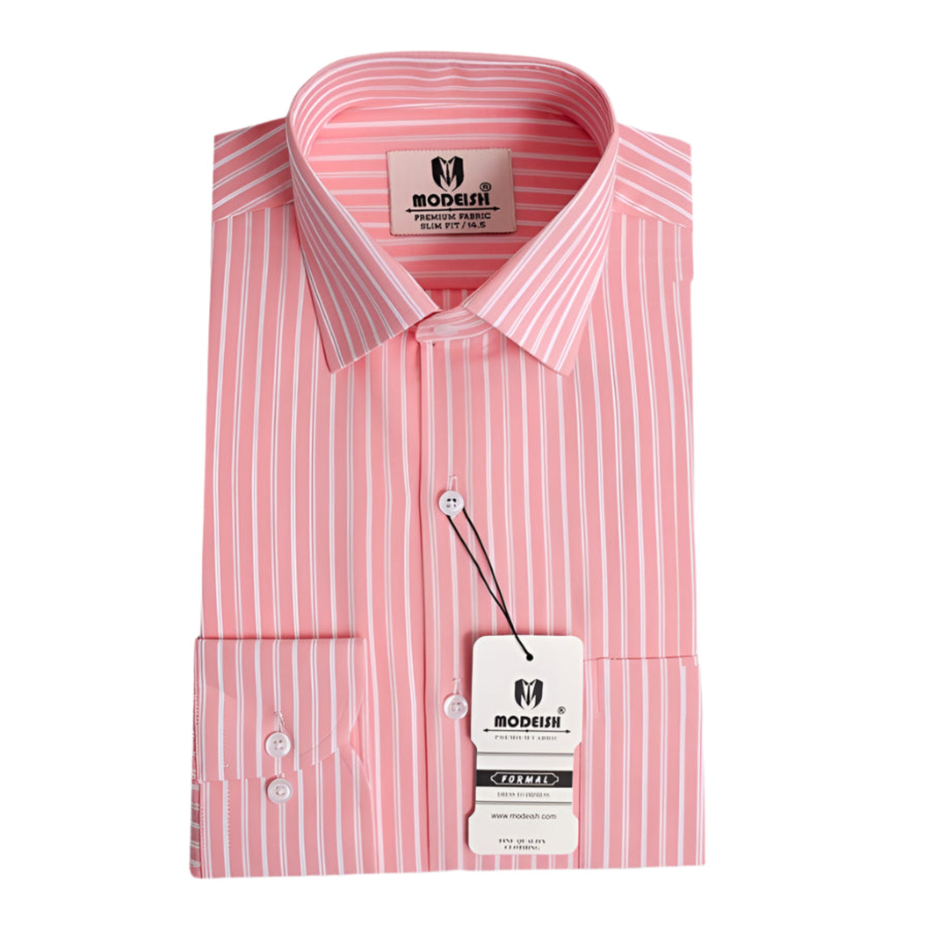 Modeish mens striped formal shirt in pink with white vertical stripes and a classic collar