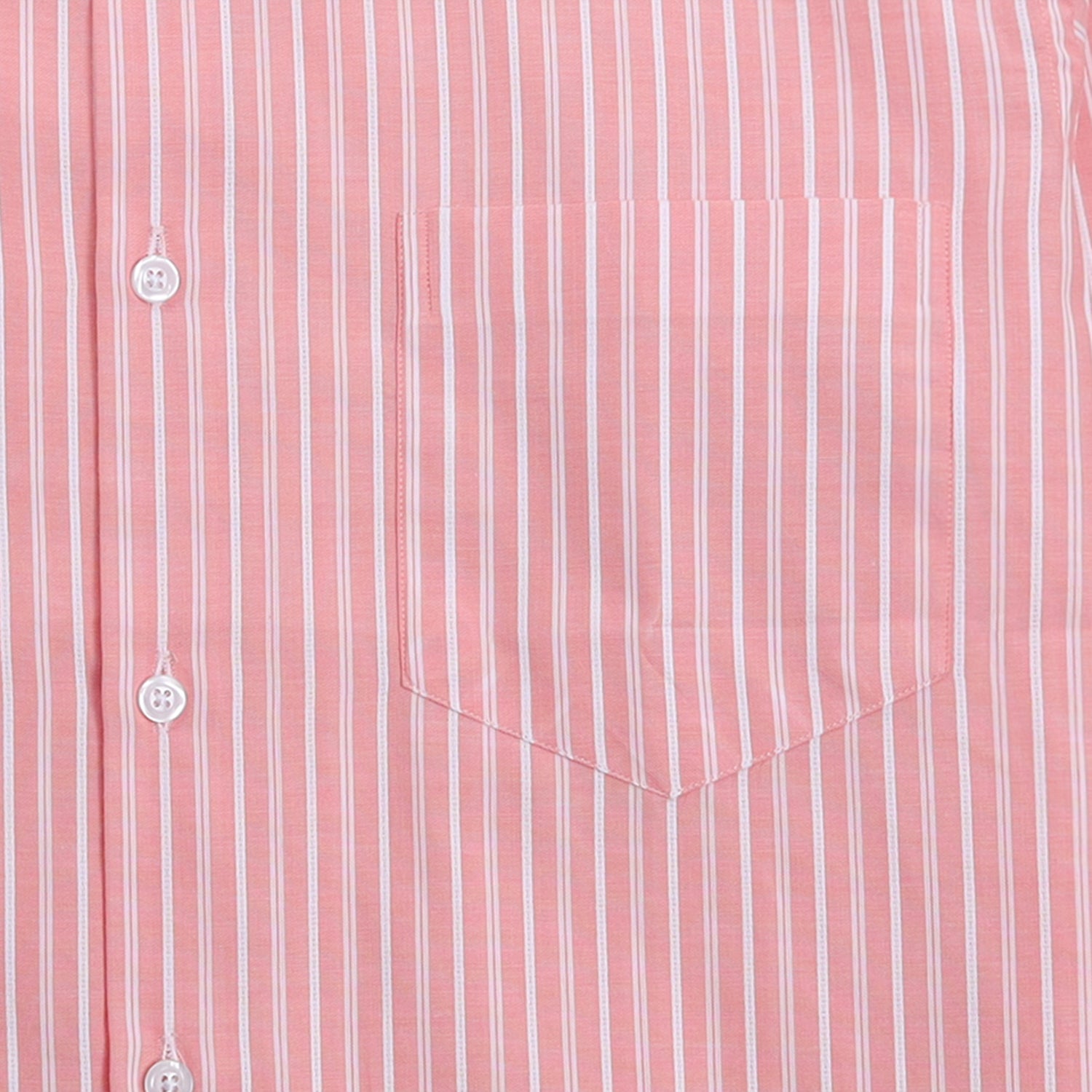 Close-up of Modeish mens striped formal shirt with pink and white vertical stripes and front pocket